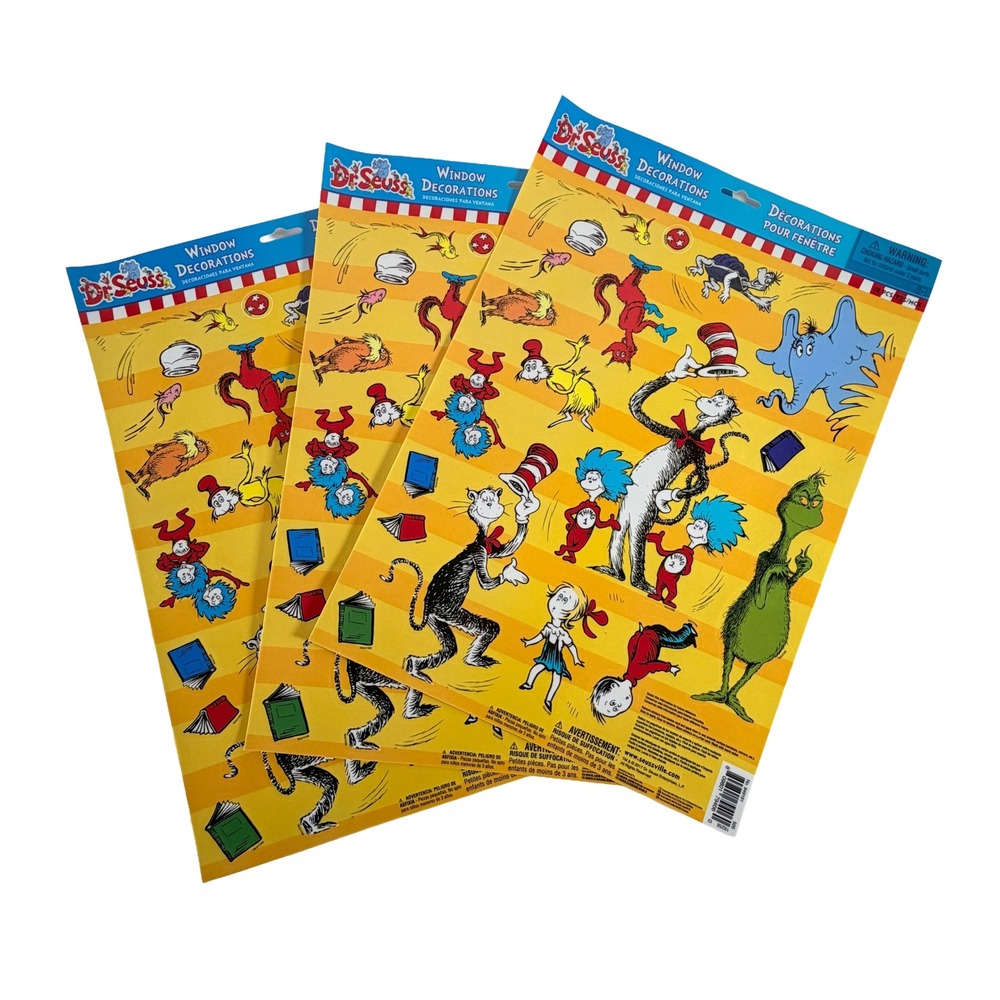 Dr Seuss Window Decorations Lot of 3 New 18pc Sheets Cat in the Hat Grinch Cling